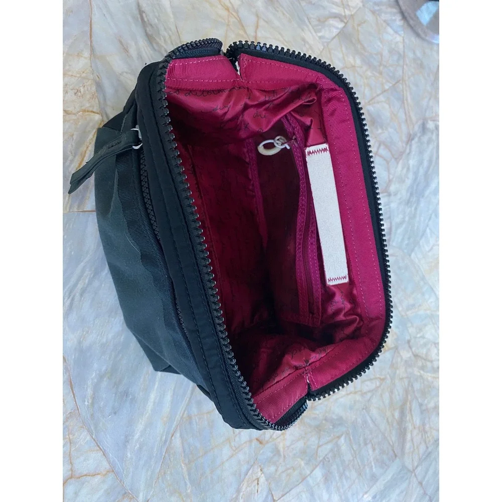 Lululemon Athletica Toiletry Bag Black Nylon Suede Pink Script Organizer